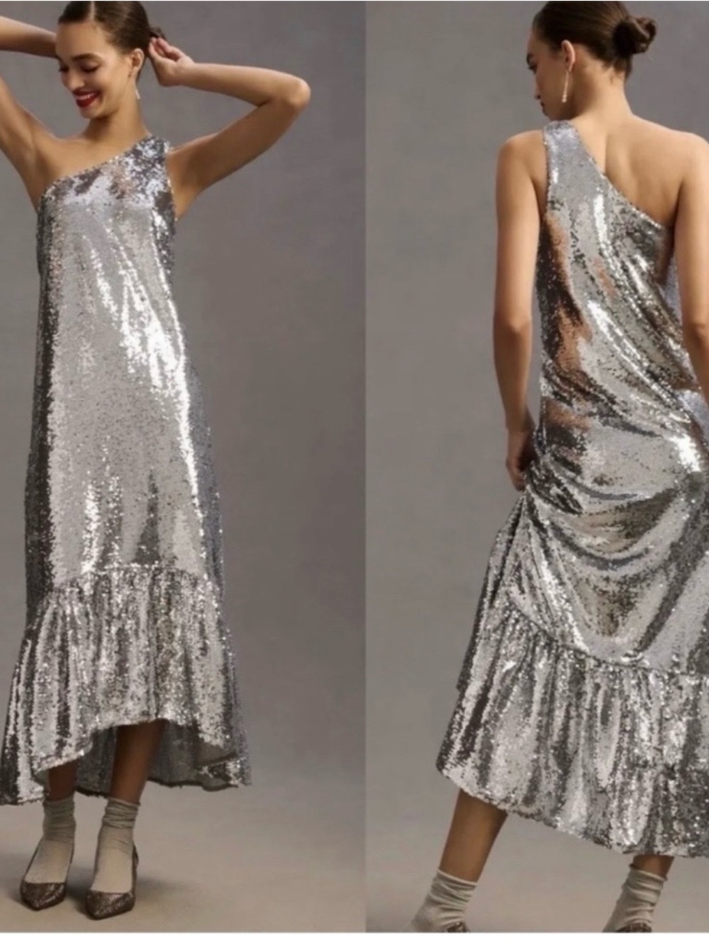 Anthropologie Maeve Silver Sequin One-Shoulder Ruffle Midi Dress